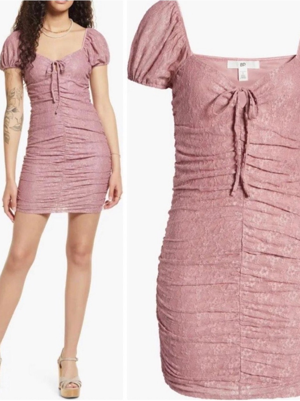 Nordstrom NWT BP Pink Nostalgia Lace Ruched Mini Dress Lined Stretch M